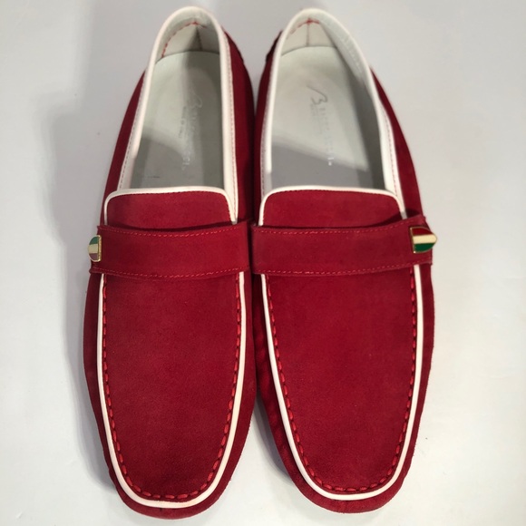Bacco  Bucci Shoes Men 10 Red Suede Loafers Slip-on Silga Dress Italy Christmas - Picture 1 of 13